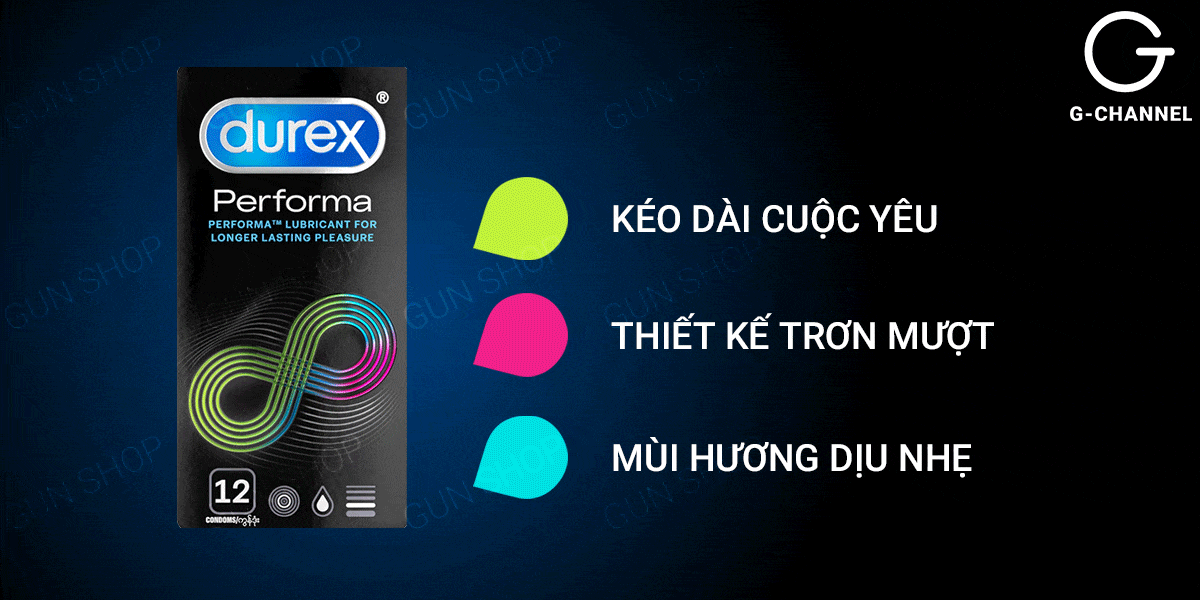 Bao cao su Durex Performa kéo dài thời gian gel gây tê Benzocaine