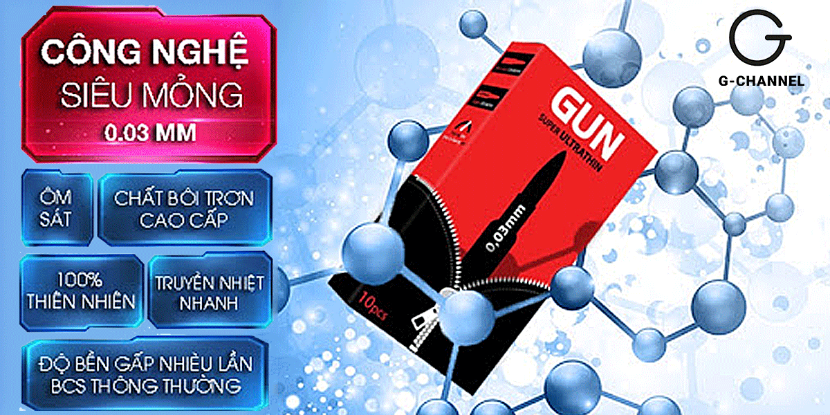 Bao cao su Gun Super Ultra Thin 0.03mm siêu mỏng hộp 10 cái an toàn